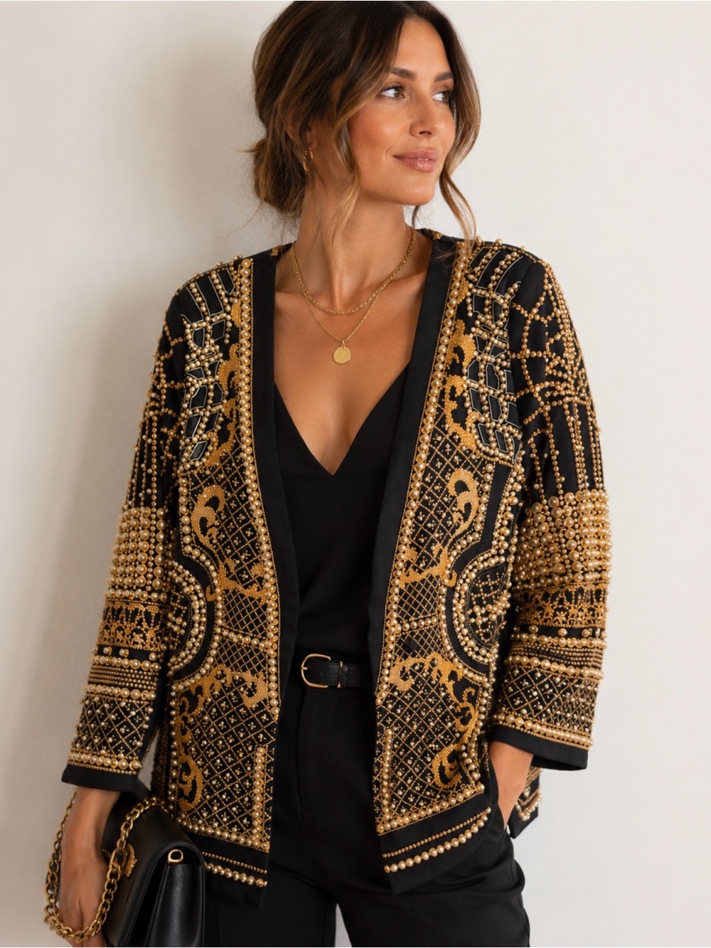 Black and Gold Embellished Open-Front Sweater Jacket woman size Large beaded